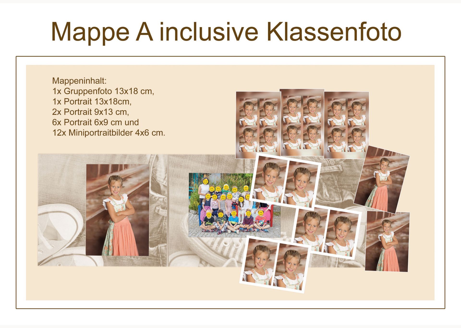 Mappe A Übersicht mit mehreren Kinderporträts und einem Klassenfoto.