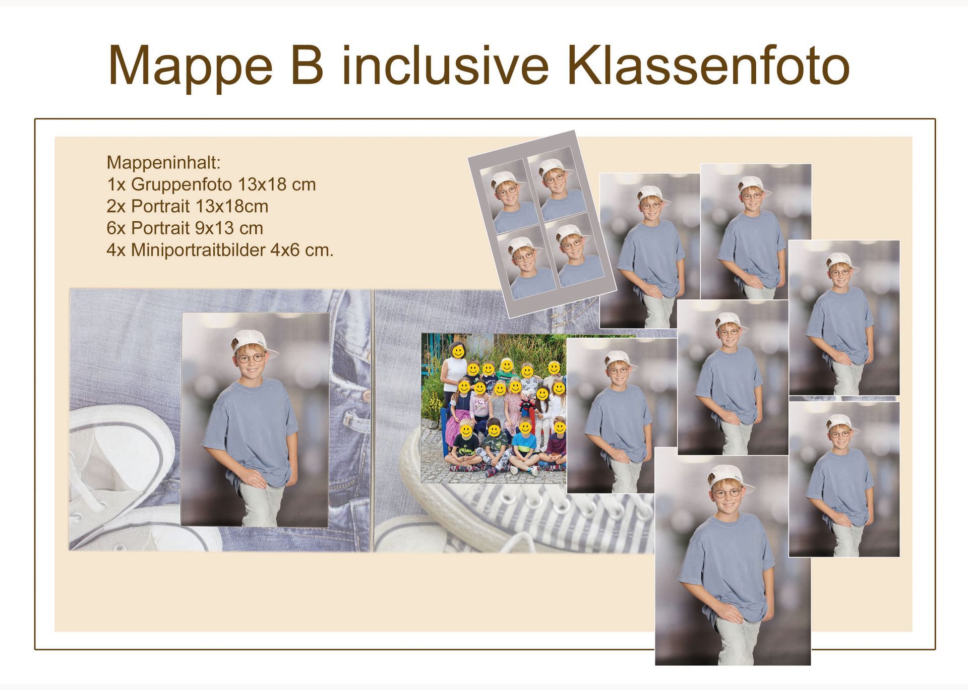 Mappe B Übersicht mit Kinderporträts und integriertem Klassenfoto.