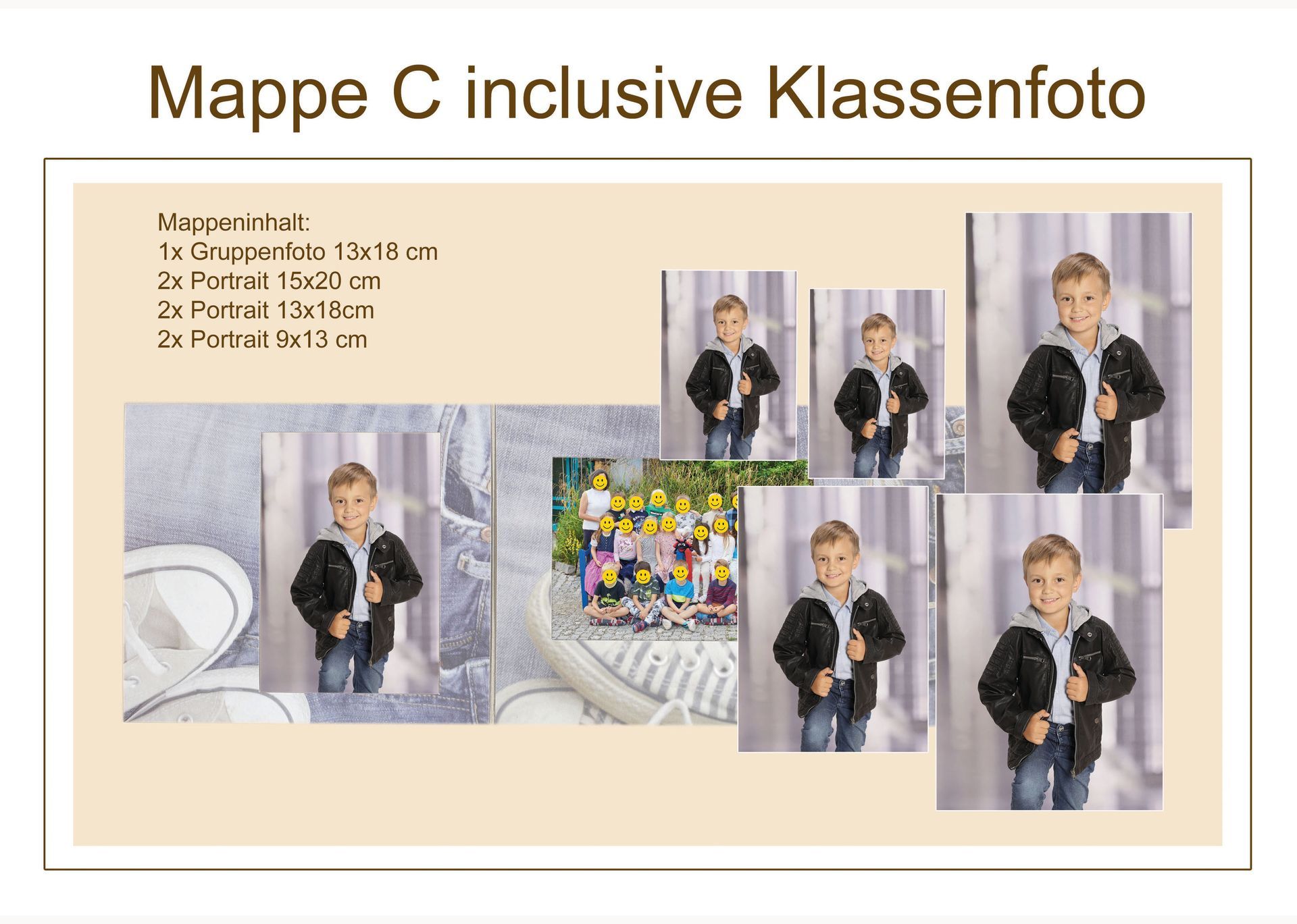 Mappe C Übersicht mit verschiedenen Porträtaufnahmen und einem Klassenfoto.