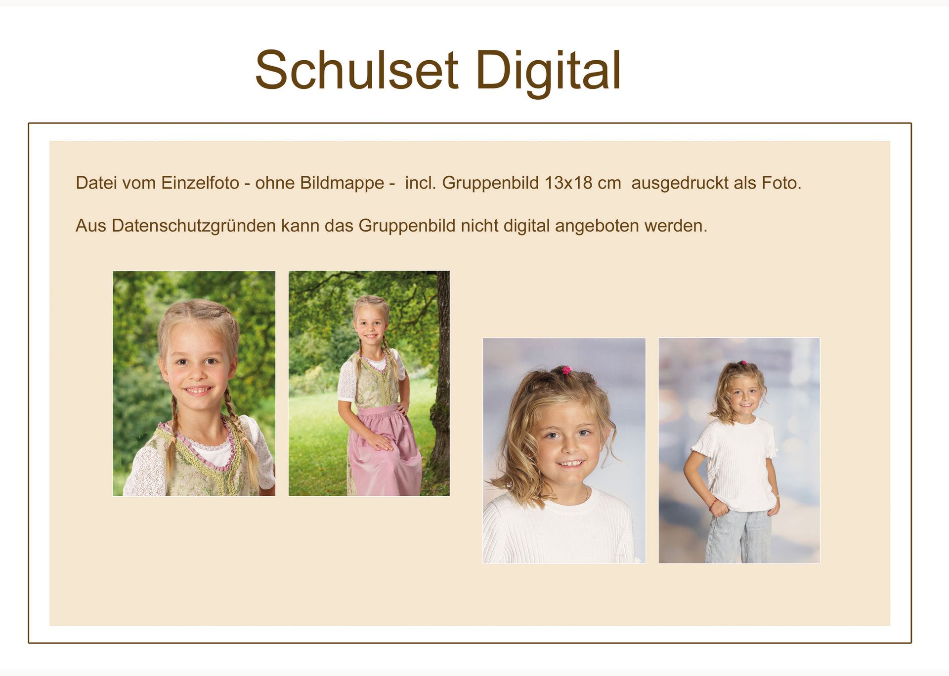 Informationsseite „Schulset Digital“ mit Text und Beispielbildern von Kindern.