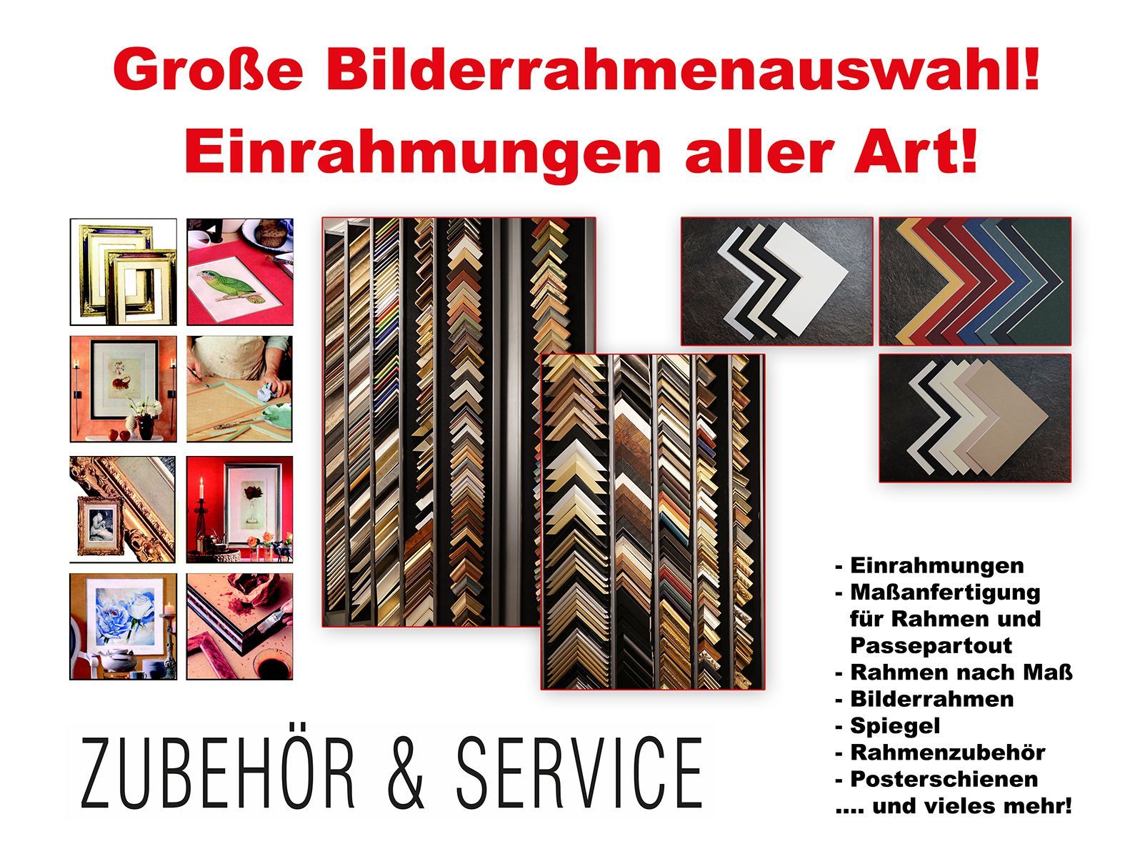 Grafik mit Beispielen verschiedener Bilderrahmen und Texten zur Einrahmungsauswahl.