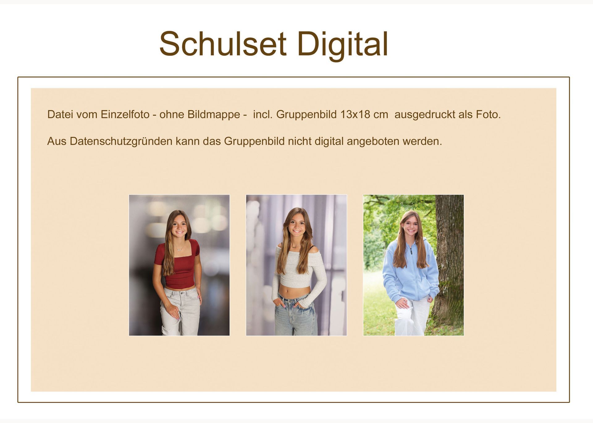 Informationsseite „Schulset Digital“ mit drei Beispielporträts von Schülerinnen.