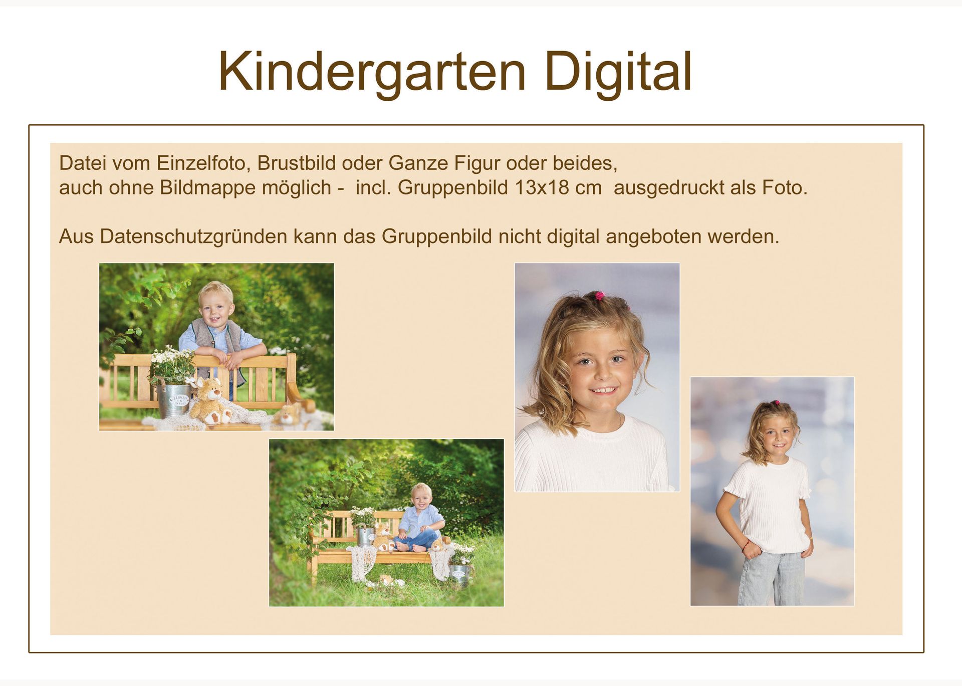 Informationsseite „Kindergarten Digital“ mit Beispielbildern von Kindern und Text zum digitalen Angebot.