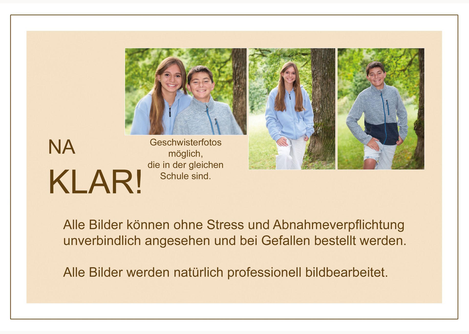 Seite mit dem Hinweis „Na klar!“ und Beispielbildern von Schülerinnen vor verschiedenen Hintergründen.