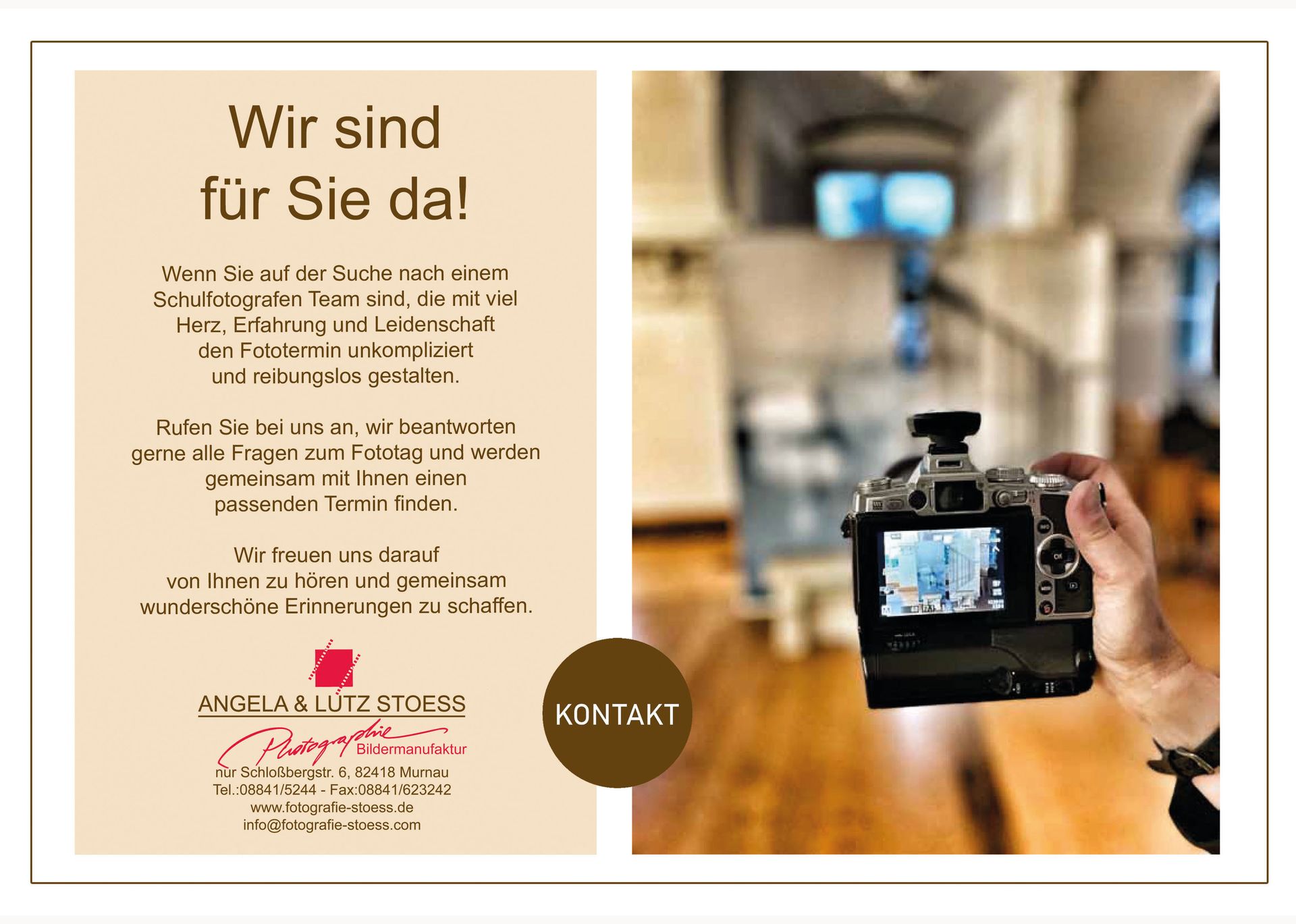 Seite „Wir sind für Sie da!“ mit Kontaktinformationen und einer Kamera im Vordergrund.