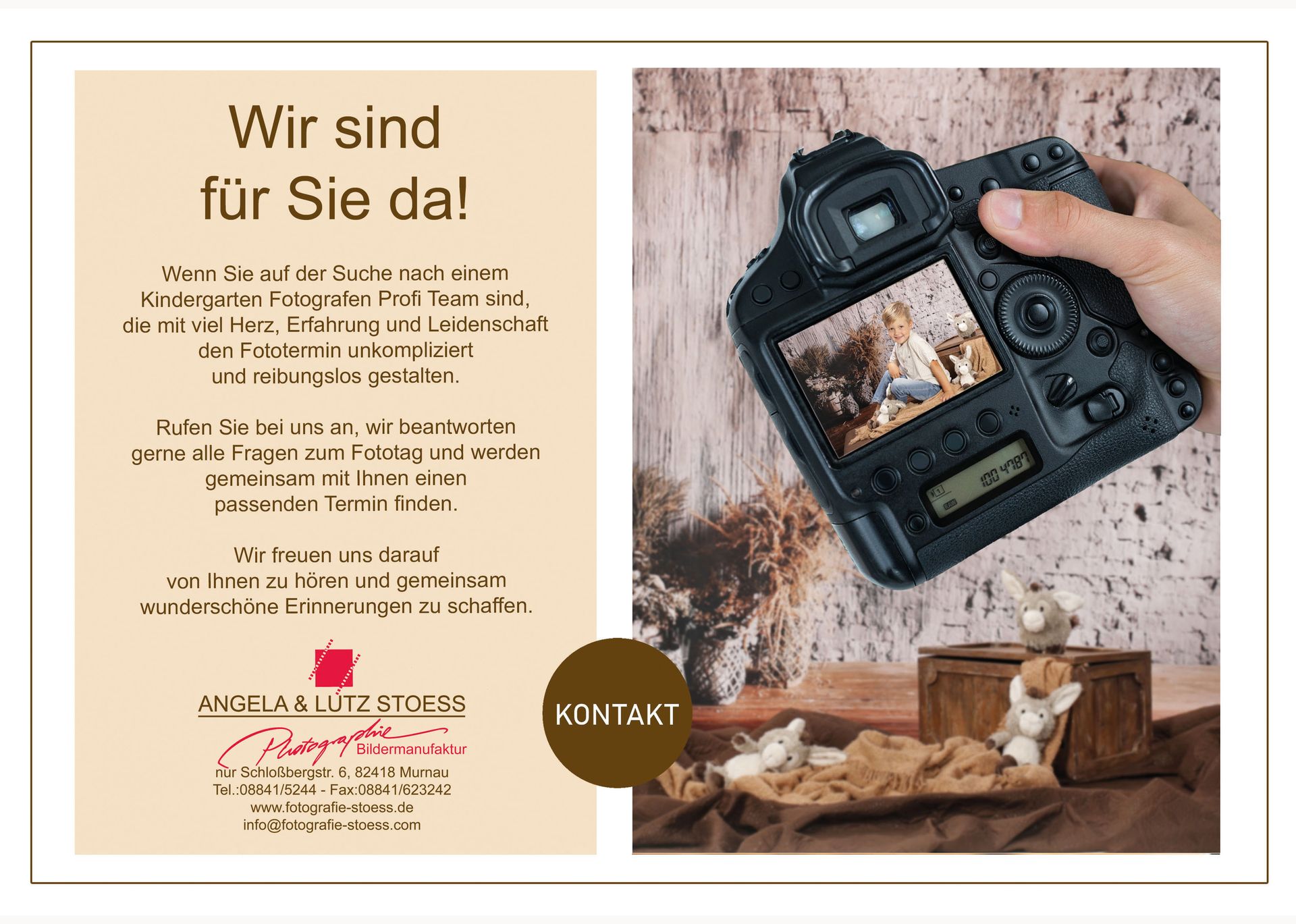Seite mit Kamerabild und Text „Wir sind für Sie da!“ sowie Kontaktinformationen des Fotostudios.