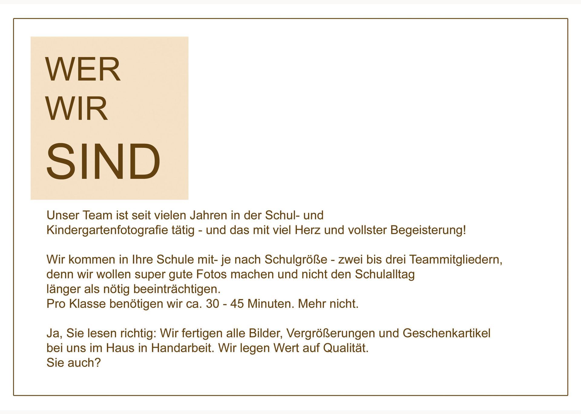 Seite mit der Überschrift „Wer wir sind“ und ausführlichem Text zur Fotografiearbeit.