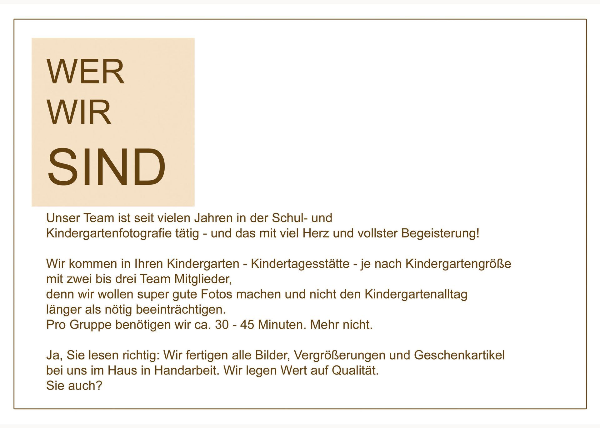 Seite mit der Überschrift „Wer wir sind“ und beschreibendem Text über das Fotografieangebot.