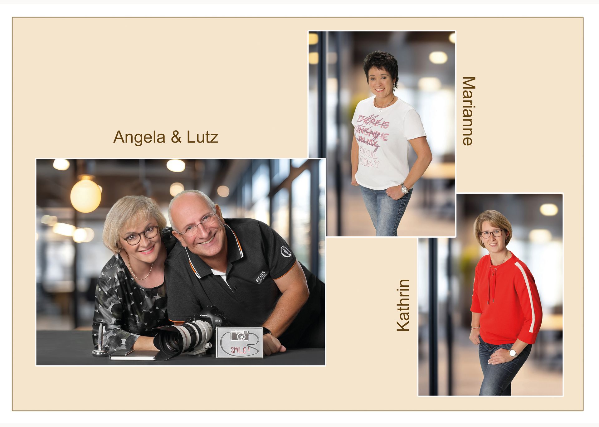 Seite mit Porträtfotos und den Namen Angela & Lutz sowie Beispielbildern von Schülerinnen und Schülern.