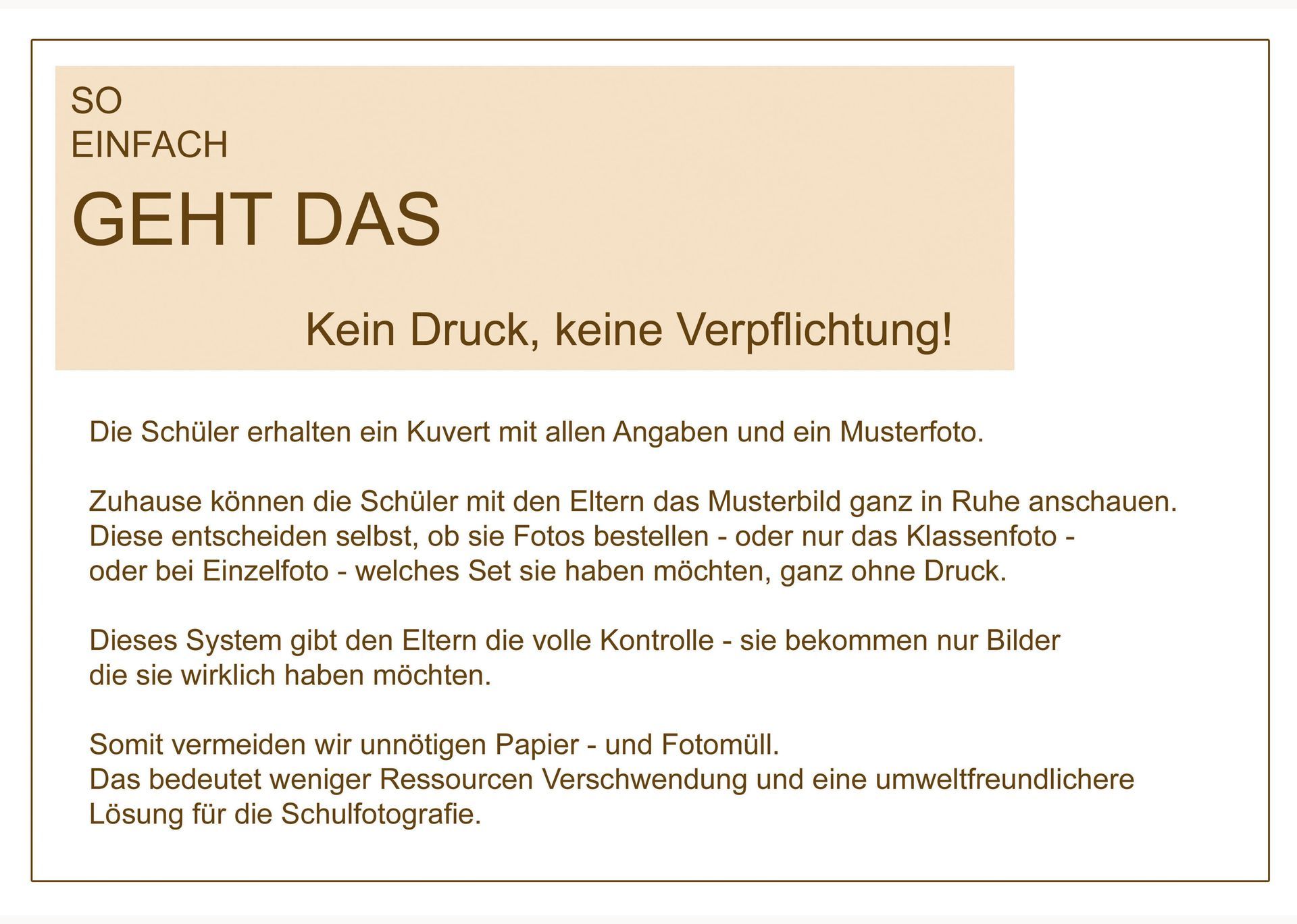 Informationsseite „So einfach geht das“ mit Beschreibung des Ablaufs der Schulfotografie.