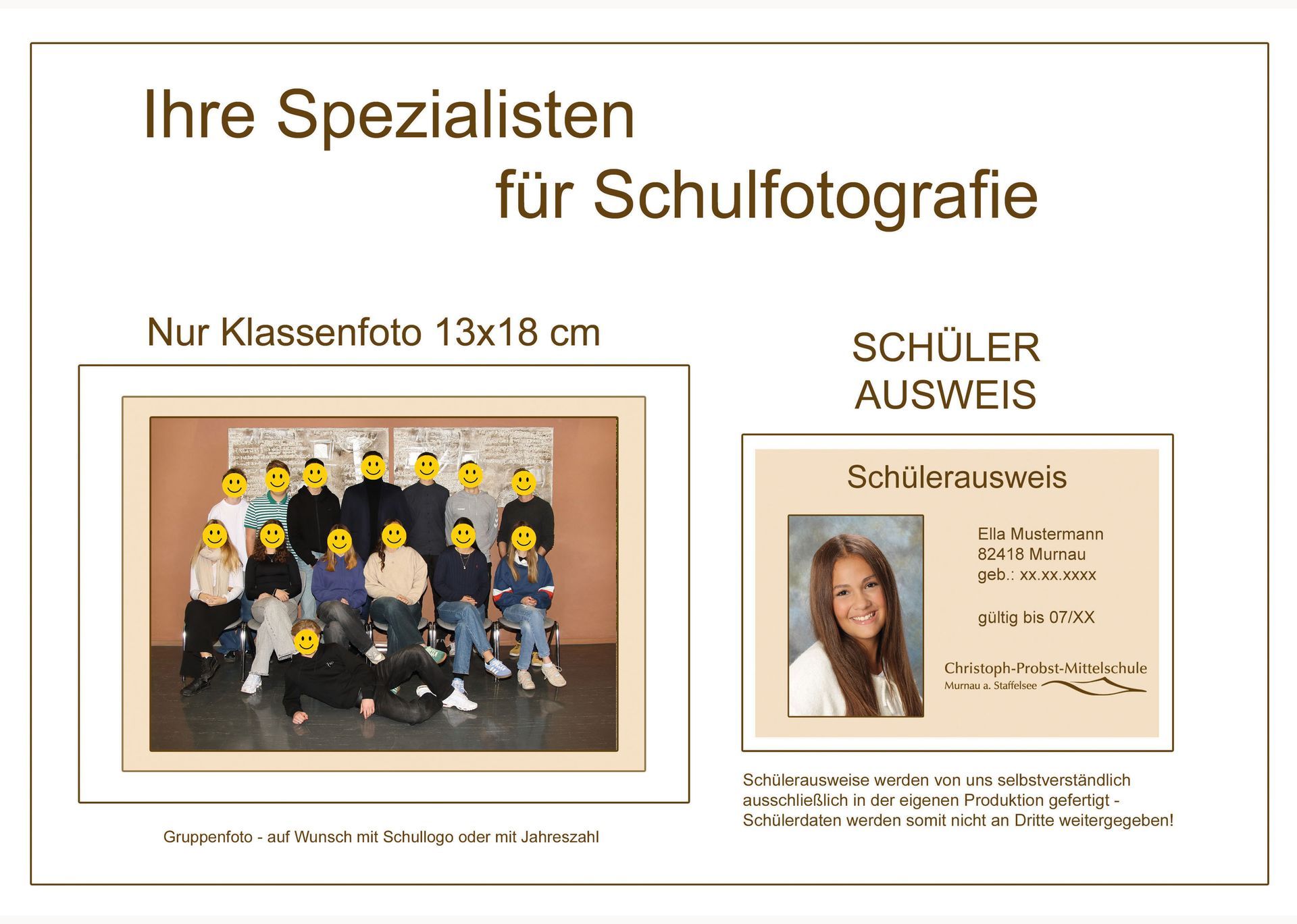 Seite über die Spezialisten für Schulfotografie mit Klassenfoto und Schülerausweis-Beispiel.