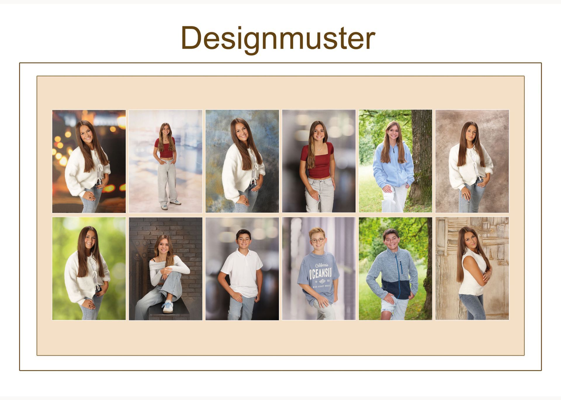 Übersichtsseite mit verschiedenen Designmustern und mehreren Schülerporträts.
