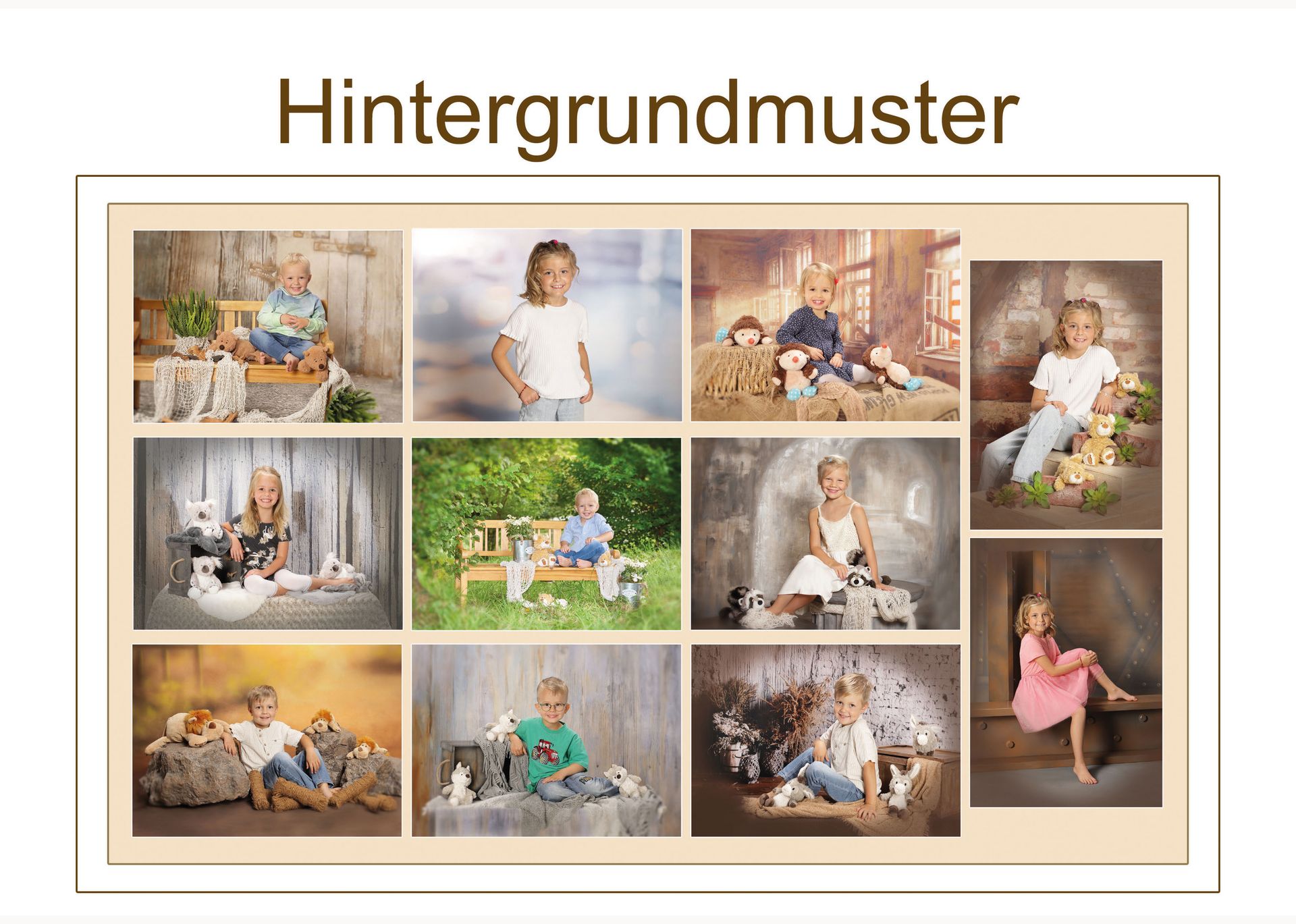 Übersichtsbild verschiedener Hintergrundmuster mit vielen kleinen Beispielporträts.