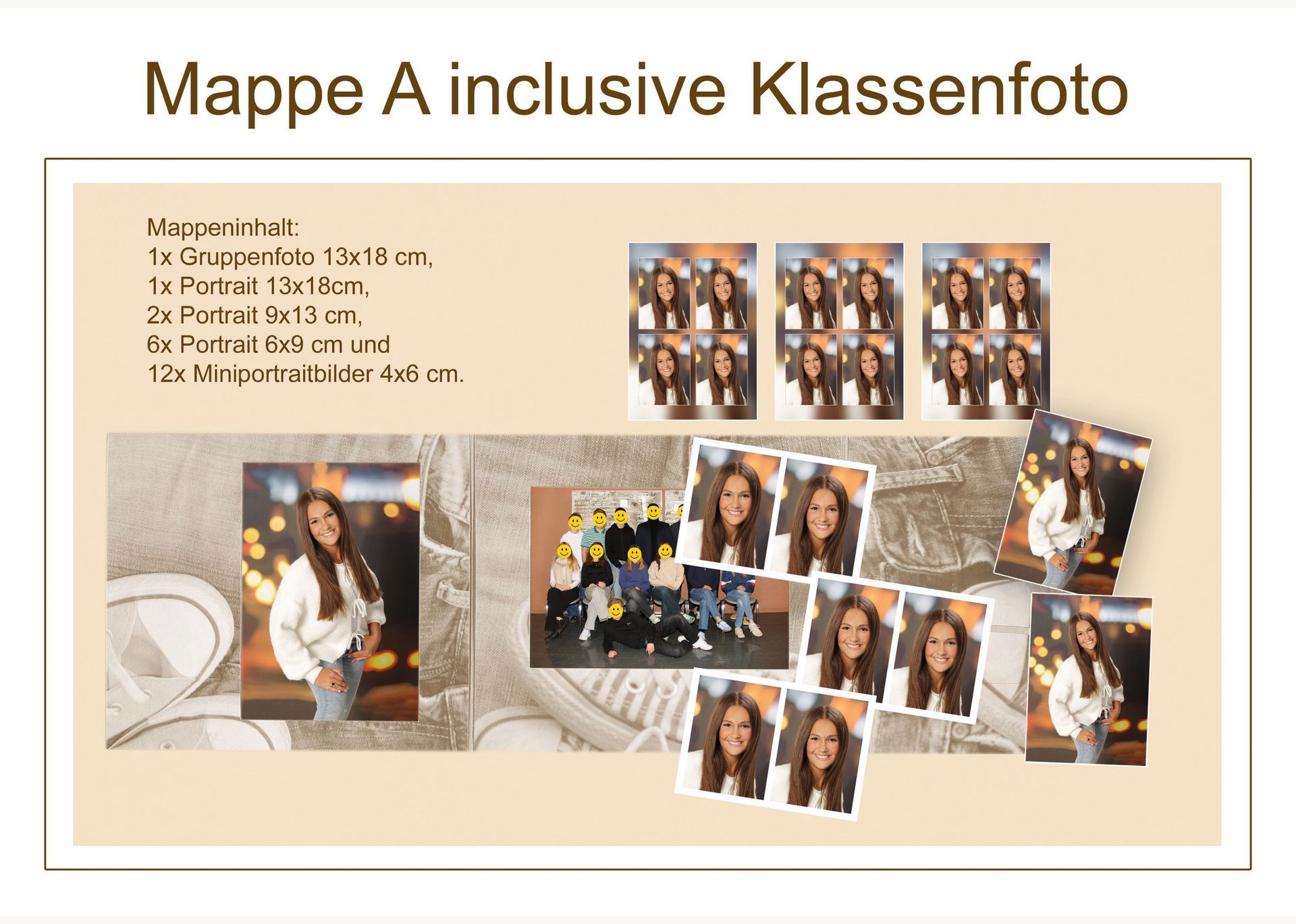 Mappe A Übersicht mit Kinderporträts und einem Klassenfoto.