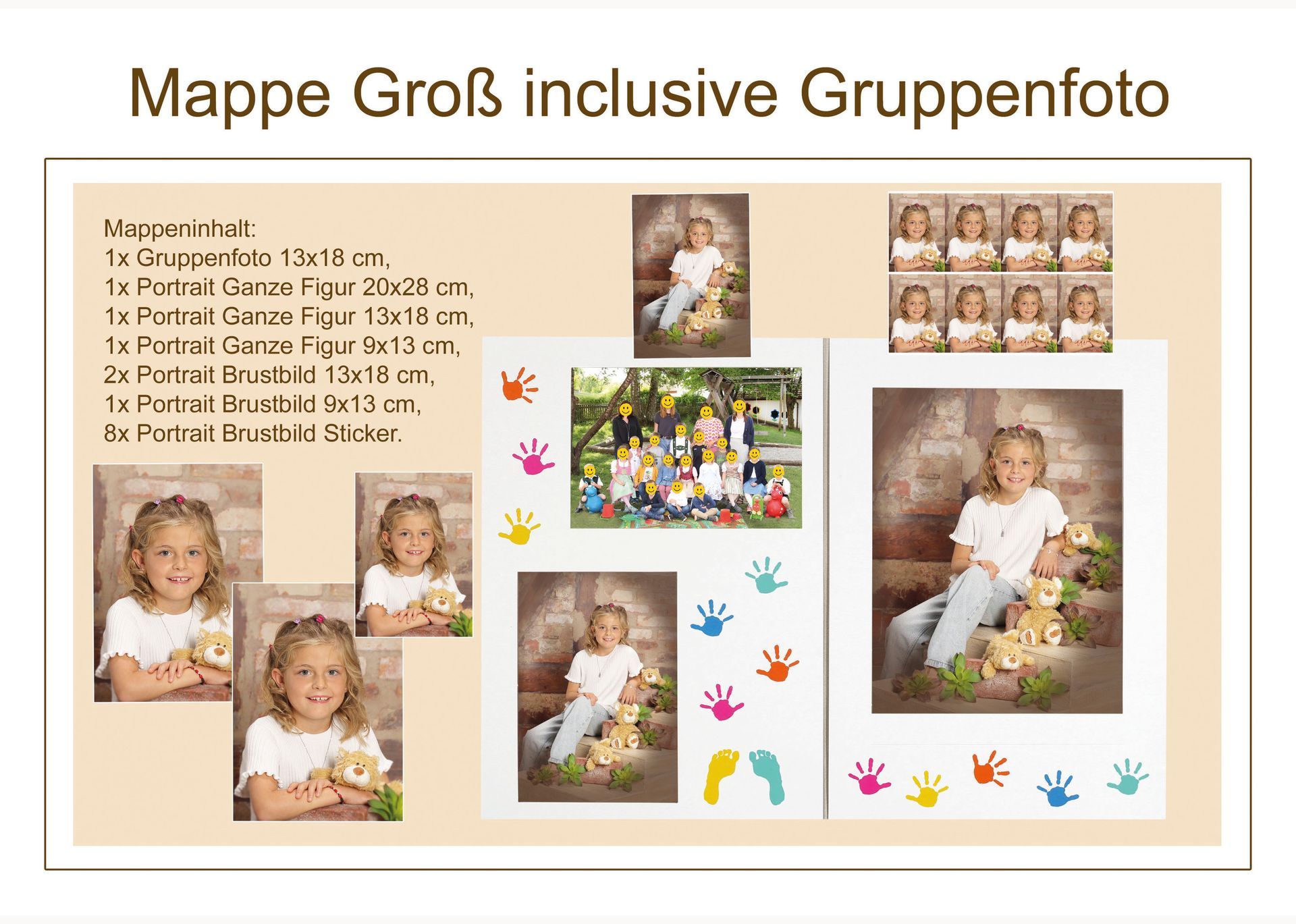 Übersichtsseite einer großen Fotomappe mit mehreren Kinderporträts und einem Gruppenfoto.