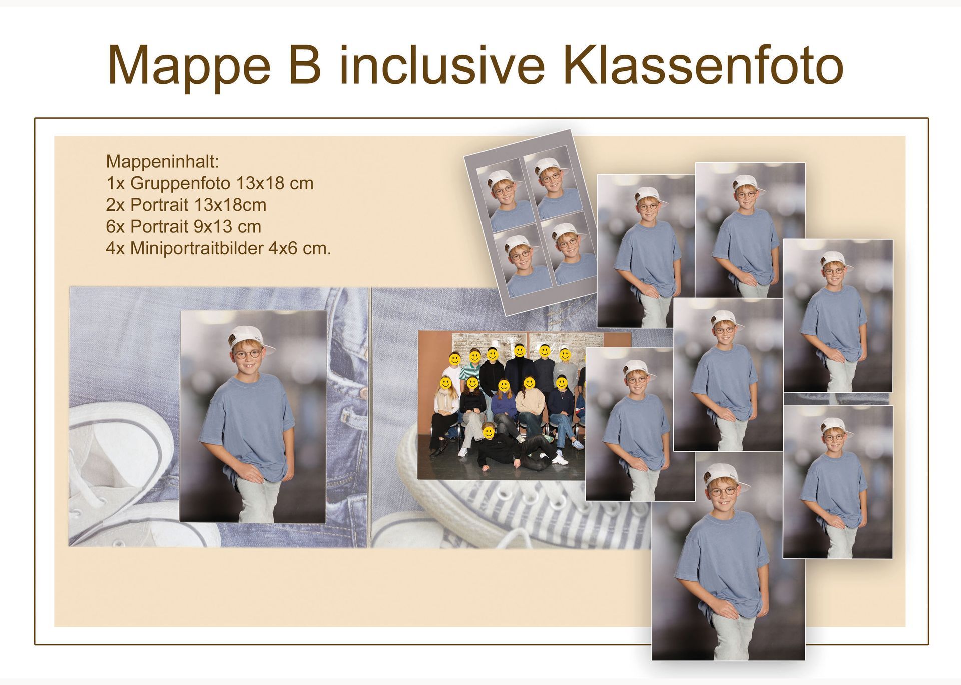 Mappe B Übersicht mit mehreren Porträtaufnahmen und integriertem Klassenfoto.