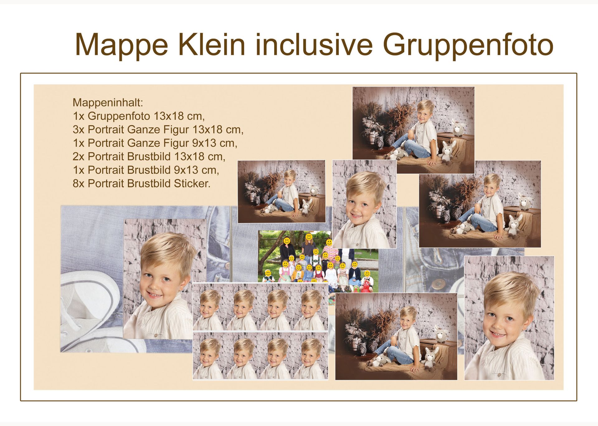 Übersichtsseite einer kleinen Fotomappe mit mehreren Kinderporträts und Gruppenaufnahmen.