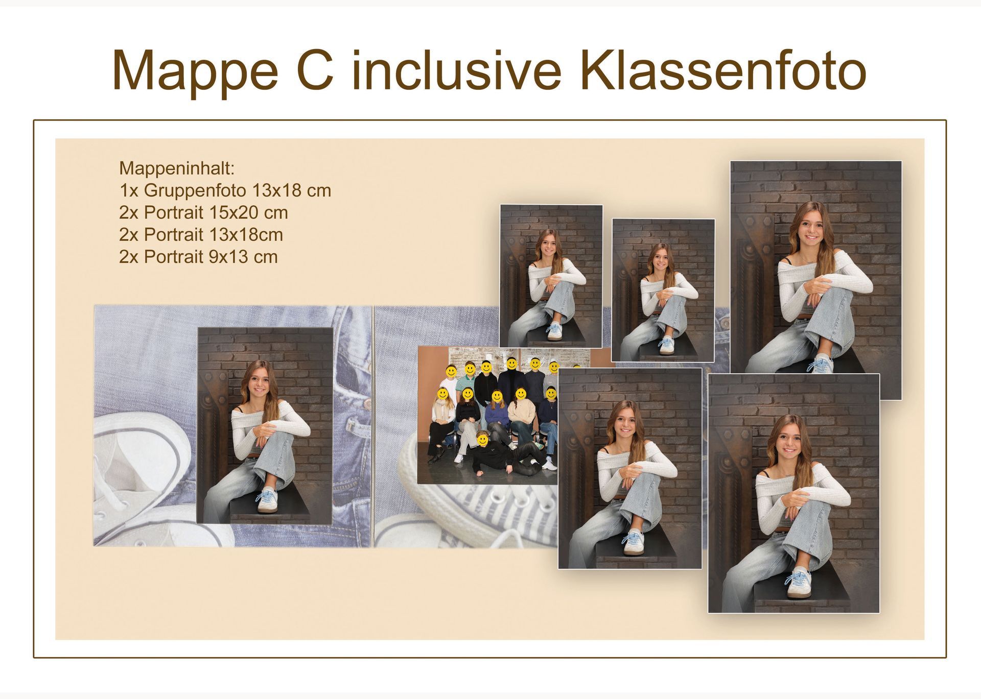 Mappe C Übersicht mit Porträtfotos, Klassenfoto und zusätzlichen Beispielen.