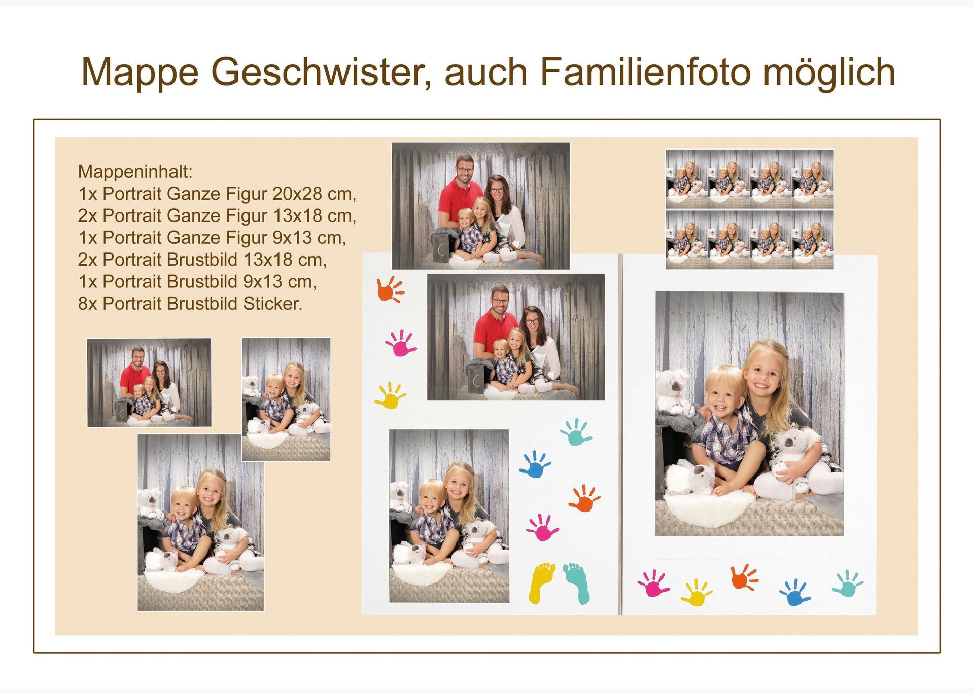 Fotomappenübersicht für Geschwister- und Familienfotos mit mehreren Beispielporträts.