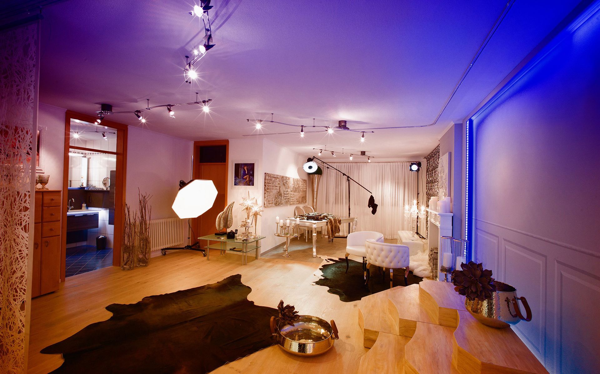 Modernes Wohnzimmer mit Studiolicht und stilvoller Einrichtung