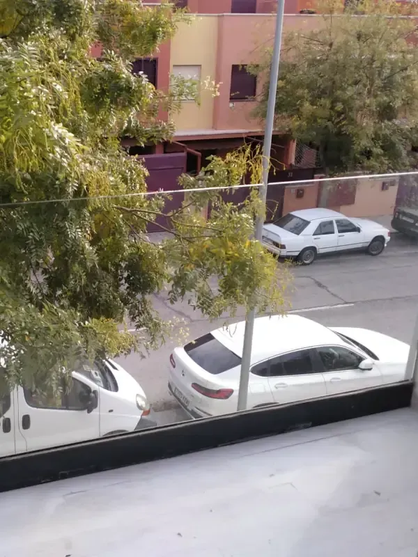 Vista desde un ángulo elevado de coches blancos aparcados en una calle cerca de un edificio con árboles en primer plano.