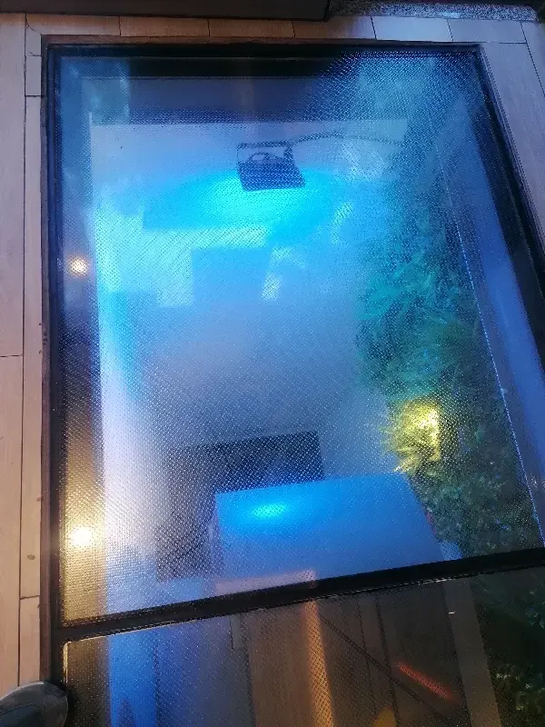 Un panel de cristal en el suelo permite ver una zona de piscina interior iluminada de color azul