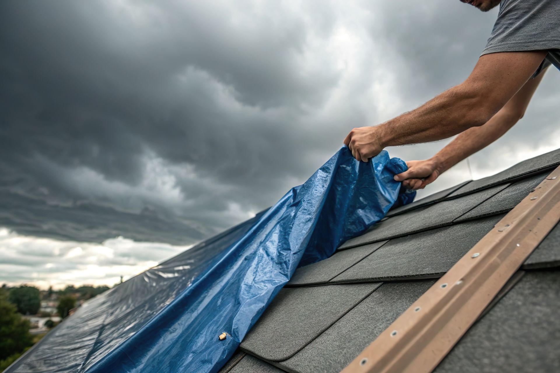 Une personne fixe une bâche bleue sur les bardeaux endommagés d'un toit.