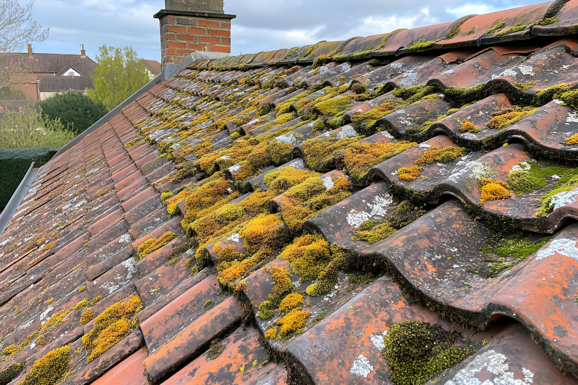 Un toit recouvert de lichen jaune et de mousse verte.