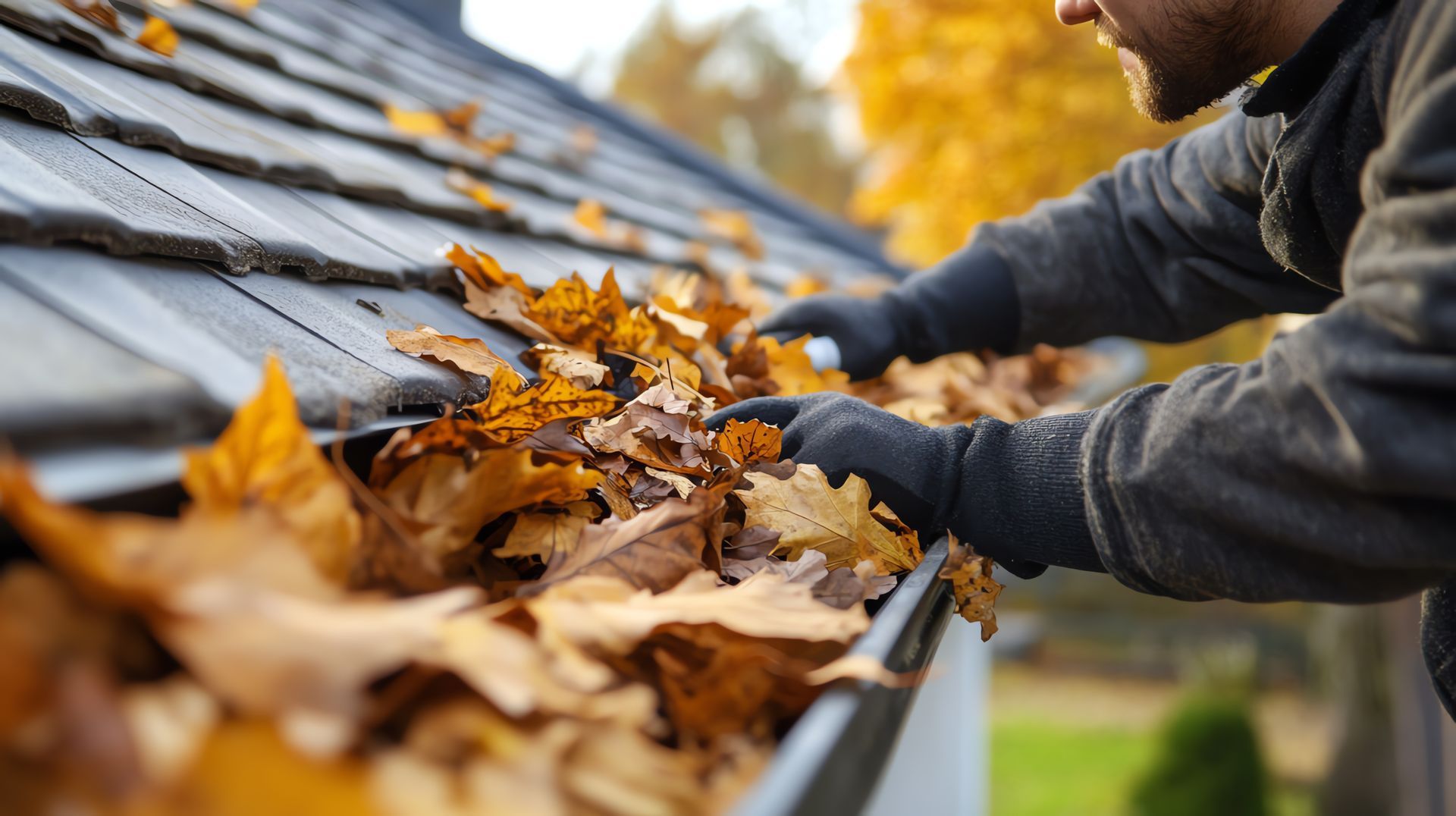 Une personne portant des gants retire les feuilles mortes d'une gouttière.