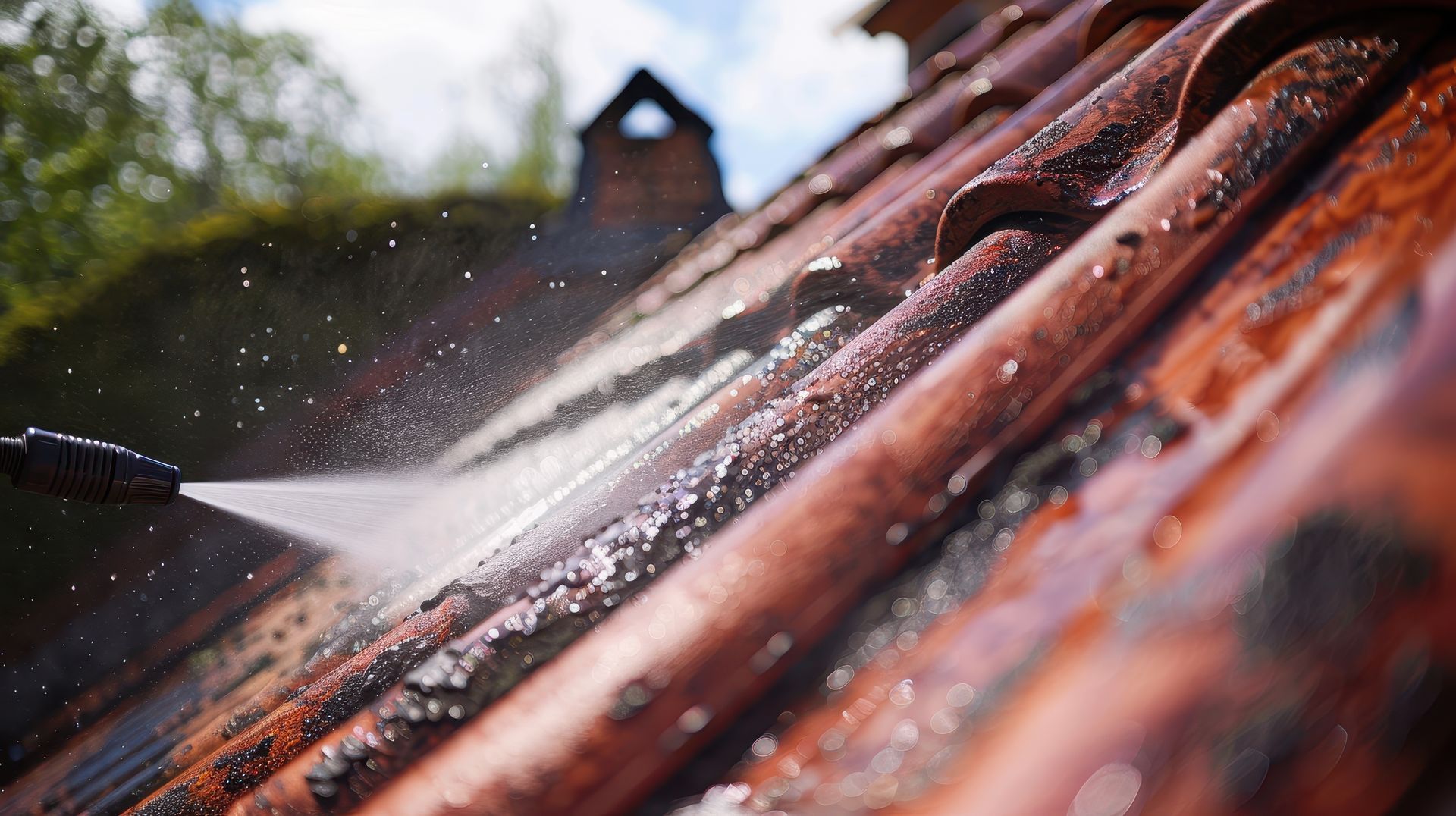Un nettoyeur haute pression projette de l'eau sur des tuiles pour les nettoyer.