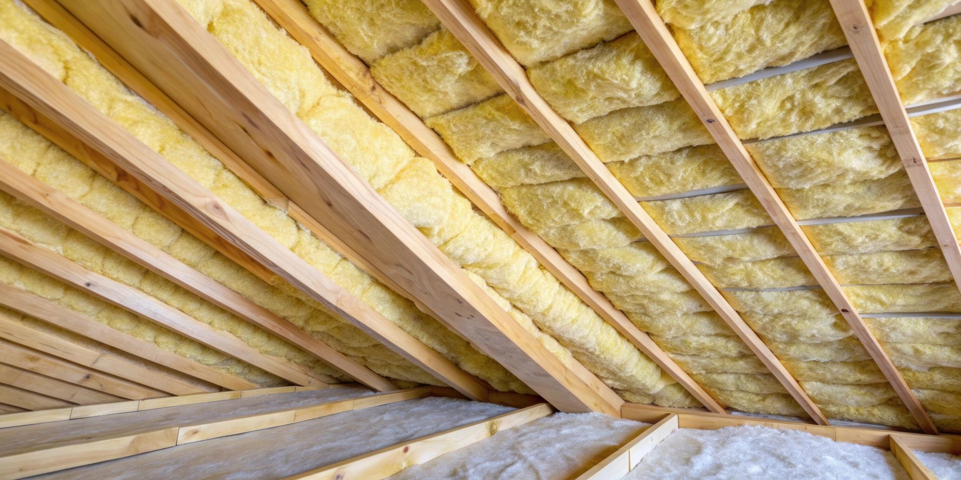 Des panneaux isolants installés entre les chevrons en bois d'un grenier non aménagé.