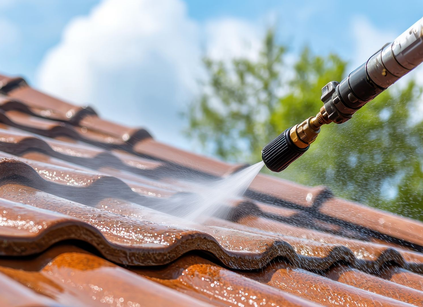 Un nettoyeur haute pression projette de l'eau sur des tuiles.