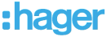 Hager-Logo in blauer Kleinbuchstabenschrift mit einem kleinen orangefarbenen Punkt über dem „h“