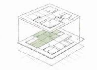 Explosionszeichnung von geschichteten architektonischen Grundrissen mit einem grün hervorgehobenen Mittelteil
