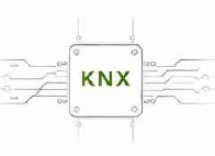 KNX-Logo auf einem weißen Chip-Symbol mit nach außen verlaufenden Schaltkreislinien