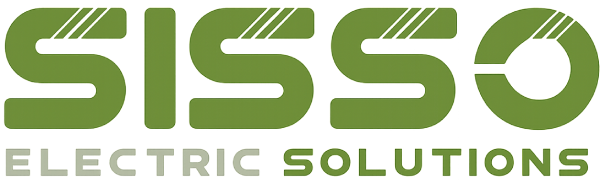 Ein Logo für SISSO Electric Solutions mit grünem Text auf weißem Hintergrund und abgerundeter rechter Kante.