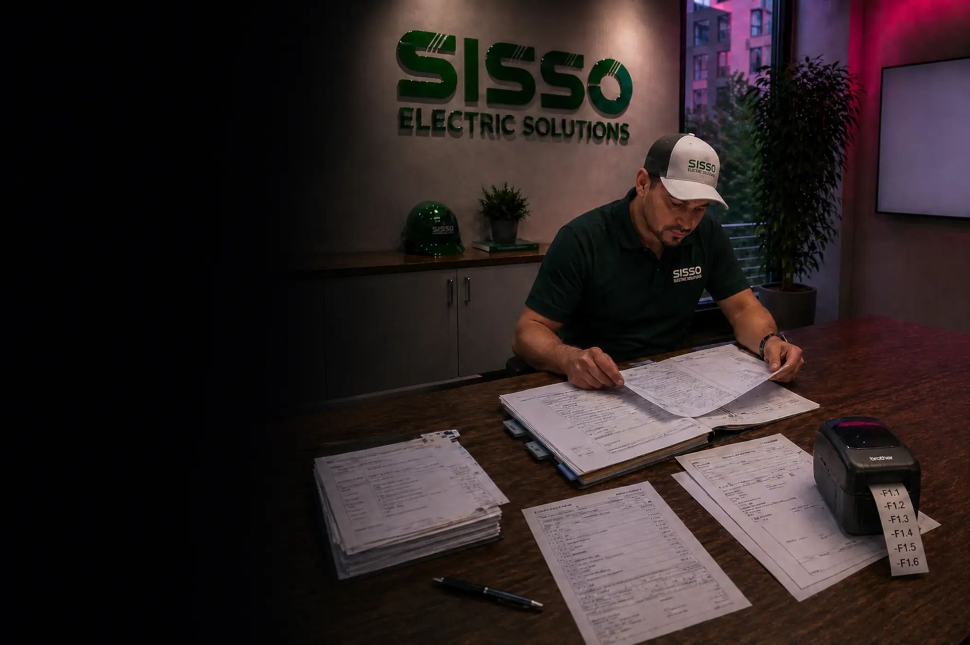 Ein Mann unterzeichnet Dokumente an einem Schreibtisch in einem Büro von Sisso Electric Solutions.