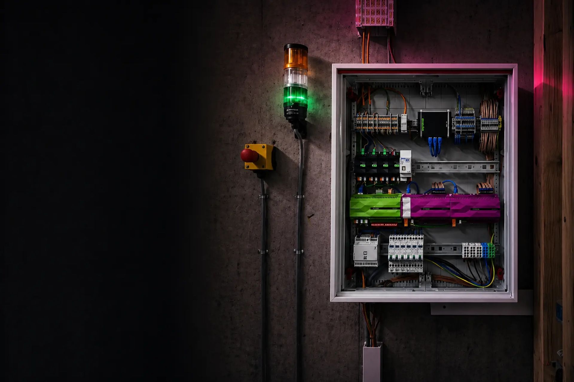 Offener elektrischer Schaltschrank an dunkler Wand mit beleuchtetem Signalturm und Verkabelung