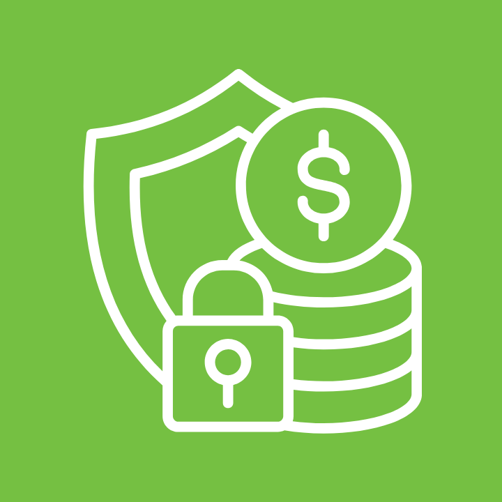 Escudo, monedas y candado, simbolizando seguridad financiera.