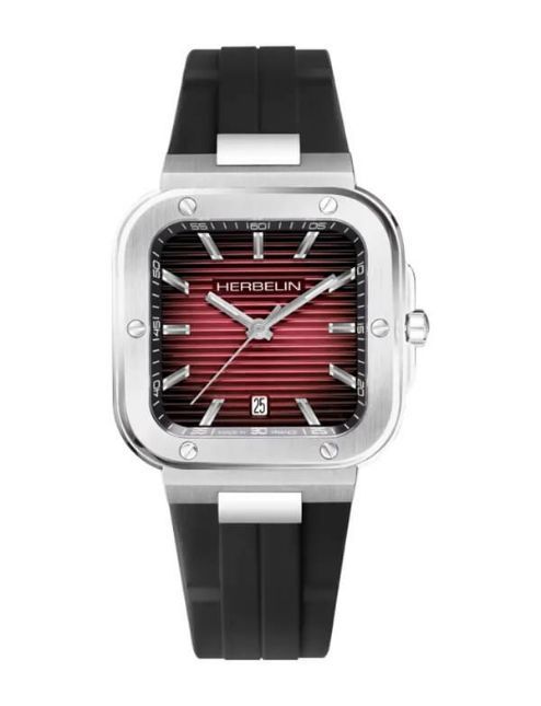 Eine silberne Uhr mit schwarzem Armband und rotem Zifferblatt