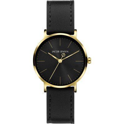 Eine schwarz-goldene Jacob Jensen Uhr mit schwarzem Lederarmband