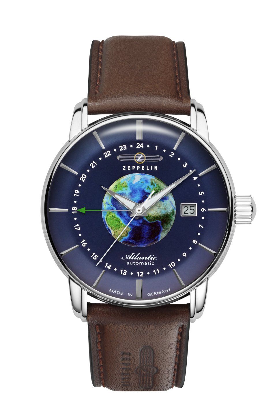 Armbanduhr mit blauem Zifferblatt, Erdmotiv und braunem Lederarmband