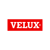 VELUX-Logo in weisser Schrift auf rotem rechteckigem Hintergrund.