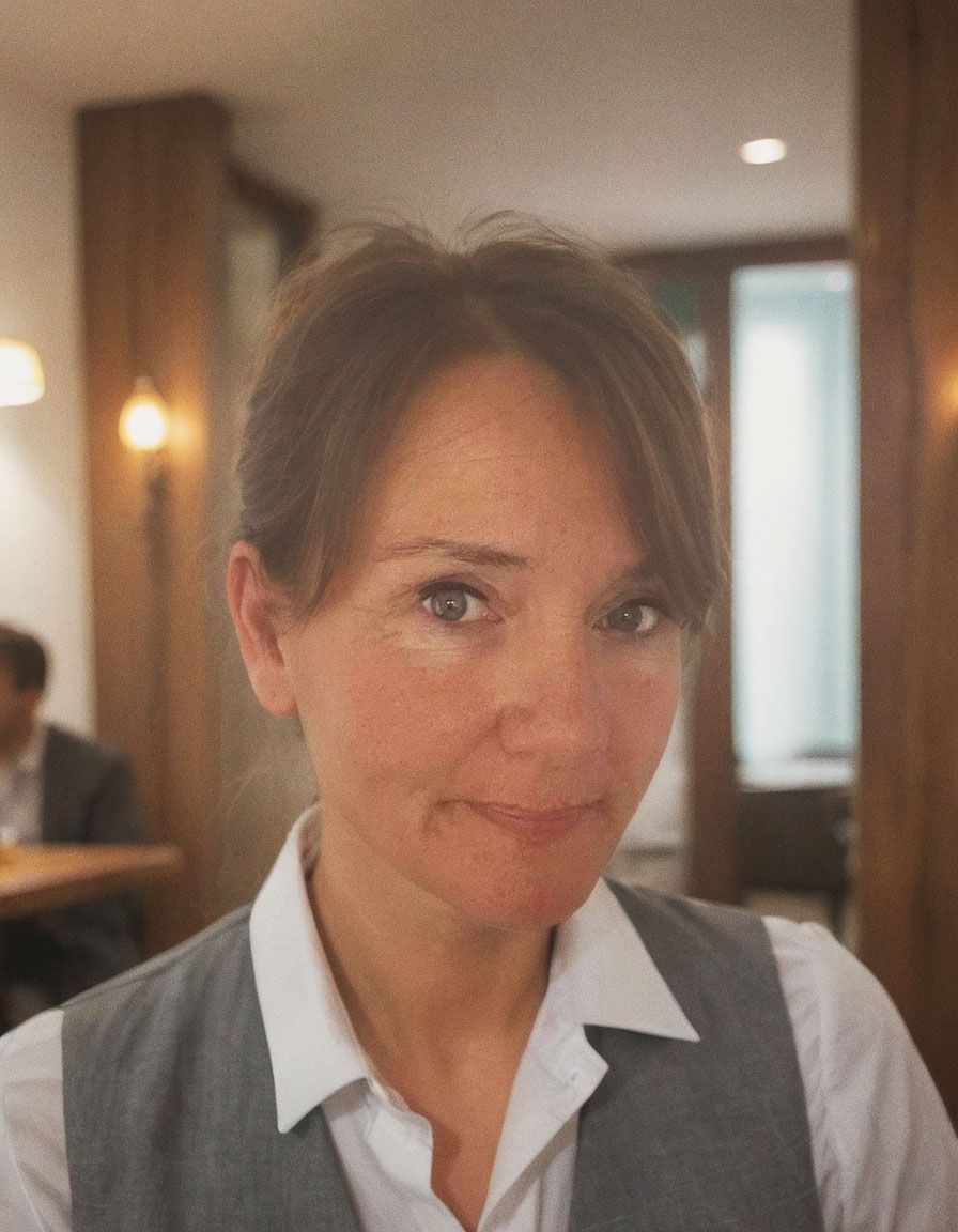 Eine Frau in weißem Hemd und grauer Weste lächelt in einem Restaurant.