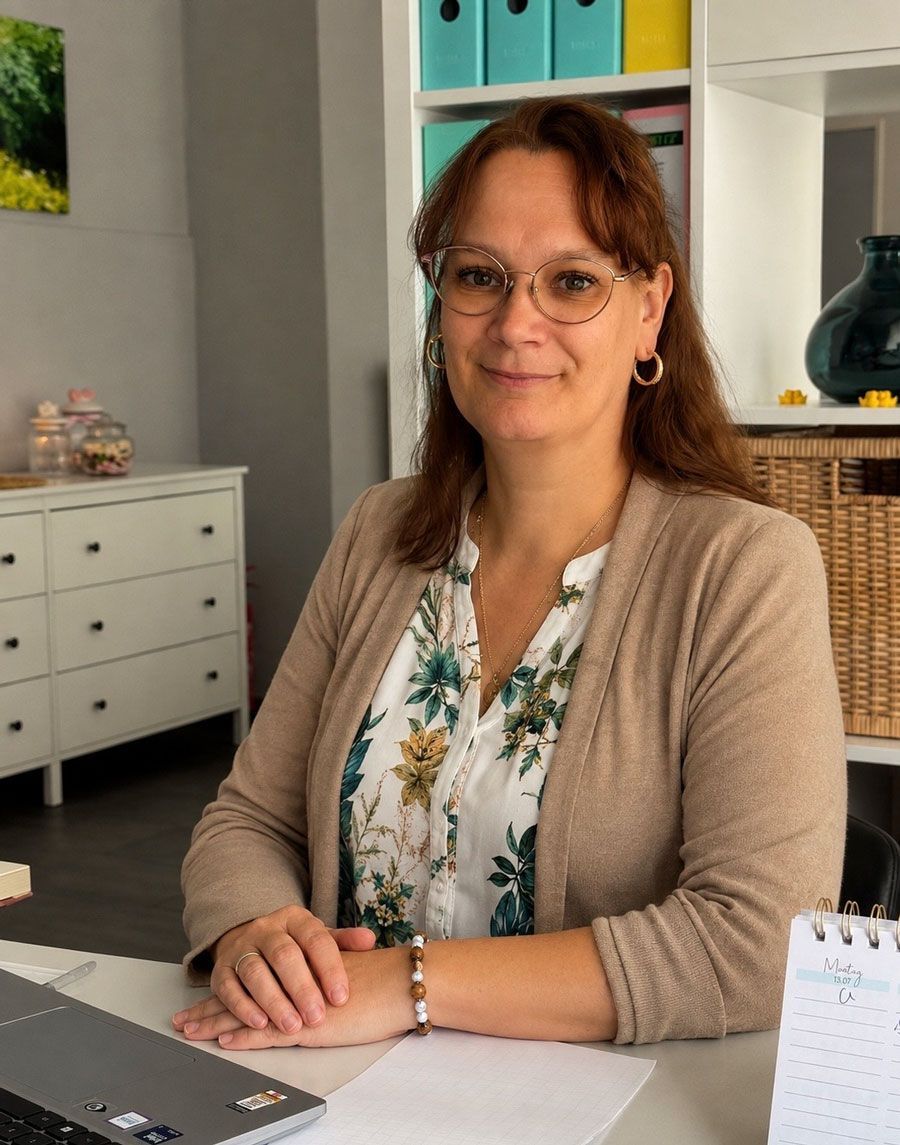 Eine Frau sitzt an einem Schreibtisch in ihrem Heimbüro und lächelt in die Kamera.