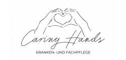 Logo mit Händen, die ein Herz bilden, über „Caring Hands“ und darunter der Text: „Kranken- und Fachpflege“.