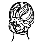 Cabello femenino recogido en un moño despeinado, visto desde atrás. Dibujo de contorno con líneas negras sobre fondo blanco.