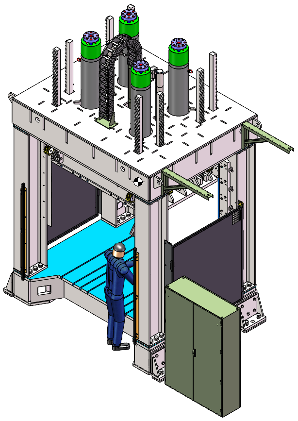 Blaue Industriemaschine mit Fächern und zentralem Mechanismus.