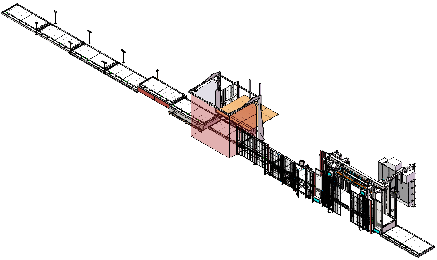Isometrische Ansicht einer industriellen Montagelinie mit verschiedenen Anlagen und Förderbändern.