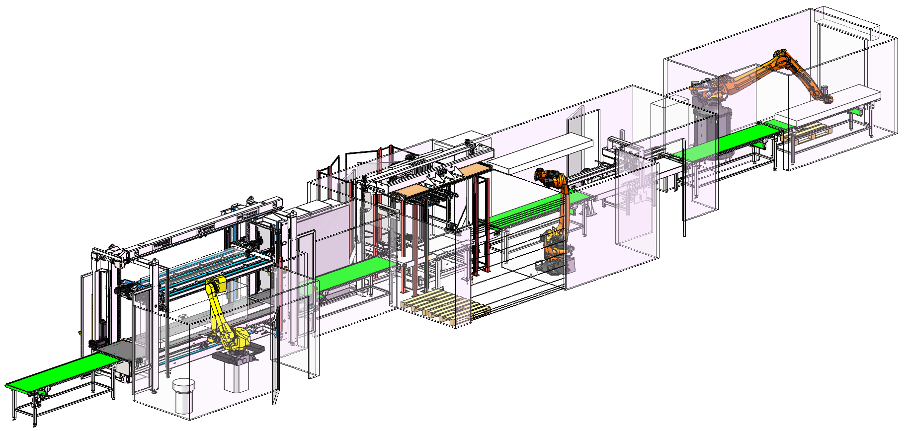 Industrielle Produktionslinie mit Roboterarmen und Förderbändern.